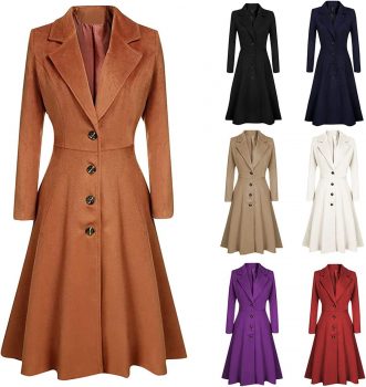 DealinM Womens Winter Solid Color Lapel Long Cardigan Button Up Slim Fit Tunic Jacket Pleated Dress Cardigan