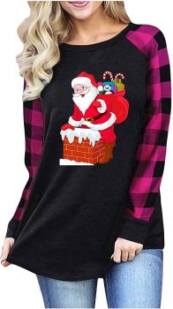 Women’s 2022 Merry Christmas Shirt Tops Funny Christmas Plaid Long Sleeve Raglan Baseball T-Shirt
