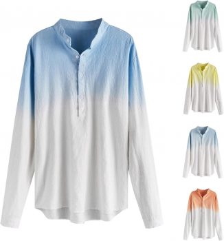 Men’s Fall Gradient Lapel Button Up Long Sleeve Shirt Cotton Linen Tee Shirt Loose Comfy Pullover Shirt