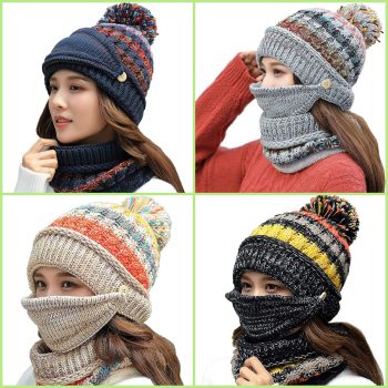Women Winter Hat Scarf Mask 3 in 1 Fleece Lined Knitted Warm Beanies Hats Scarfs Set