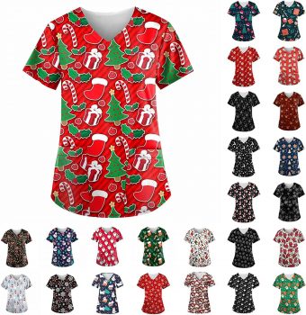Scrubs_Tops for Women,Holiday Printed Nurse Uniforms Christmas Halloween Thanksgiving Nurses Tops Stretch Xmas Workwear