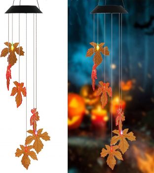 Maple Leaf Solar Wind Chimes, Fall Decors Maple Leaf Wind Chimes with 6 Color Changing LED Light, Halloween Solar Powered Wind Chimes for Outdoor Halloween Party Christmas Decoration
