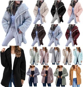 FAVIPT Fleece Hooded Jacket Women Winter Warm Fuzzy Coat Plus Size Long Sleeve Sherpa Hoodies Open Front Outwear with Pockets