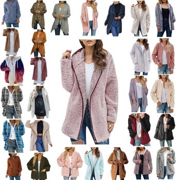 Womens Winter Plush Coats Open Front Solid Color Hooded Warm Jackets Long Sleeve Fleece Casual Loose Overcoats Blouses