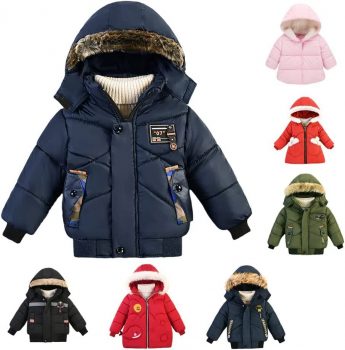 DealinM Kids Boys Girls Warm Thick Jackets Hooded Cotton Fleece Parka Coat Children Winter Outdoor Outerwear
