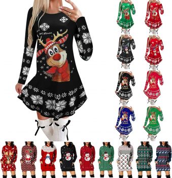Christmas Dresses for Women Reindeer Ugly Print Long Sleeve