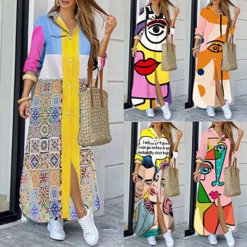  Women’s Casual Lapel Neck Button Down Dress 