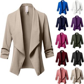 Women 3/4 Sleeve Blazer Open Front Cardigan Jacket Work Office Blazer