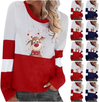 Womens Xmas Crew Neck Color Block Sweatshirts Tops 
