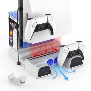 PS5 Cooling Stand with 2 Controller Charger Station and Extra Headset Holder for PS5 Disc & Digital Editions