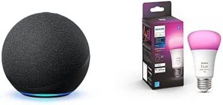 Echo (4th Gen) | Charcoal AND Philips Hue Color Smart Bulb ￼