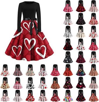 Women’s Vintage Long Sleeve Sweet Heart Print Dresses Valentine’s Day