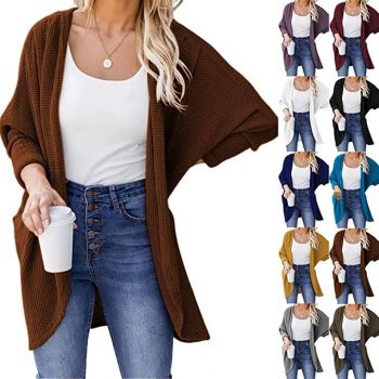Women Waffle Boxy T-shirt Cardigan Long Sleeve
