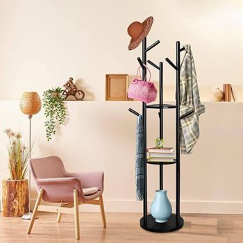  Wooden Coat Rack Freestanding, Rotary Clothes Rack Stand with 3 Storage Shelves and 9 Hooks,￼