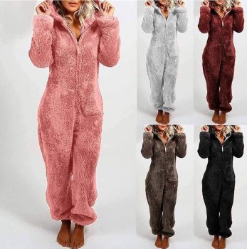  Women Plush Hooded Jumpsuit￼