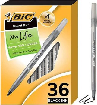 36 Count BIC Round Stic Xtra Life Black Ballpoint Pens