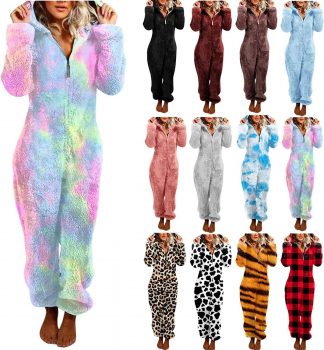 Women Plush Hooded Jumpsuit￼
