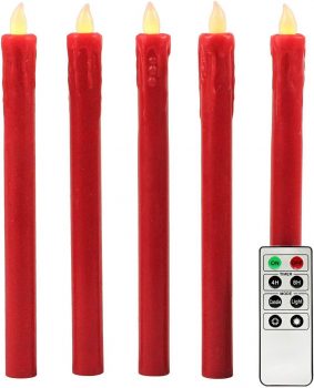 Set of 5 Red 10″ Flameless Taper Candles￼