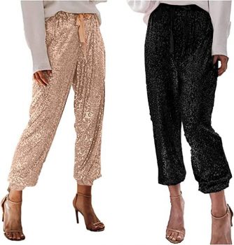 Wuztai Sequin Glitter Pants High Waist Long Pants