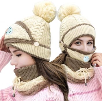 3Pcs knitted hat scarf mask suit￼