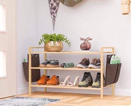  3-Tier Bamboo Shoe Rack with Side Pockets ￼