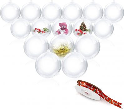  16pcs DIY Clear Plastic Ornaments with a Roll of Ribbon￼