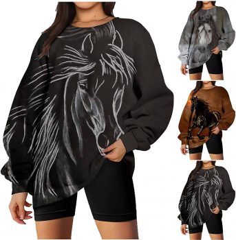 MIANHT Women’s Oversized Crewneck Sweatshirt Horse Pattern