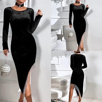 Women Long Sleeve Elegant Velvet Sexy Dress