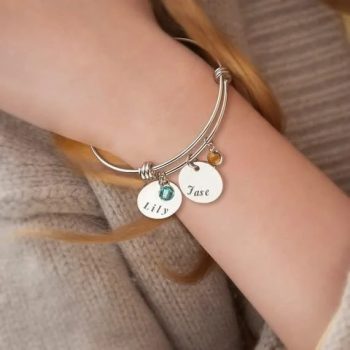 Women Personalized Bangle Bracelets with Names and Birthstone