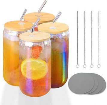 4 Pack Beer Can Glasses with Bamboo Lids and Clear Straws￼