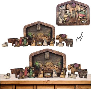  Nativity Puzzle with Wood Burned Design Sculpture Decorations￼