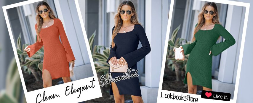 Women Sweater Dress Bodycon Square Neck Slit Short Dresses