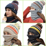 Women Winter Hat Scarf Mask 3 in 1 Fleece Lined Knitted Warm Beanies Hats Scarfs Set