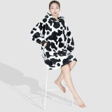 Oversized Winter Warm Fluffy Cow Print Wearable Blanket
