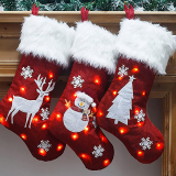 18 Inch Unique Red Linen Embroidered Christmas Socks with Lights