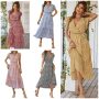 Women’s Dresses Short Sleeve Belted Wrap V Neck Bohemian Dress