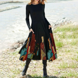 Women Long Sleeve Fall Dress Smocked Bodice