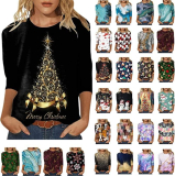 3/4 Sleeve Tops for Women Crew Neck Christmas Print Tunic Tops