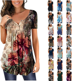 Summer Women Short Sleeve Floral Henley Shirts 
