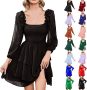 Swrowesi Women’s Waist-Hugging A Line Dress Chiffon Long Sleeve
