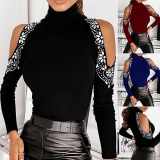 omen Turtleneck Rhinestone Tops Sequins Off Shoulder