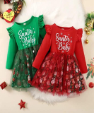  Baby Girls Mesh Dress Christmas Letter Snowman Print Long Sleeve Round Neck Princess Dress Kids Clothes￼