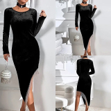 Women Long Sleeve Elegant Velvet Sexy Dress