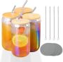 4 Pack Beer Can Glasses with Bamboo Lids and Clear Straws￼