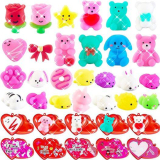  30 Pack Valentine Day Mochi Squishy Toys for Kids with Cards and Filled Heart