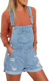 Women Casual Adjustable Strap Cuffed Hem Denim Bib Overalls Shorts Romper