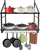 JS HANGER 2 Tier Pot and Pan Hanging Rack Organizer Wall Shelves with 16 Hooks