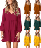 Fall Dresses for Women 2022 Long Sleeve Solid Tunic Dress V Neck Flowy Swing Shift Dress Casual Loose Babydoll Dress