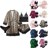 Xlnuln Women’s Satin Pajama Set Sleepwear Set Pj Set 4pcs Floral Lace Trim Cami Lingerie Sleepwear with Robe